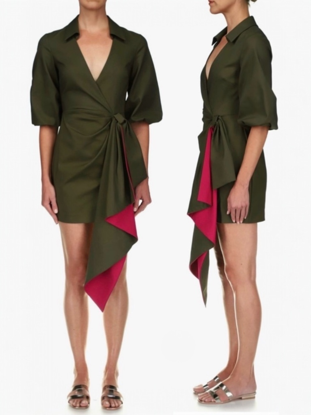 One33 Social Two-Tone Sash Detail Cotton Blend Faux Wrap 3/4” Shirt Mini Dress